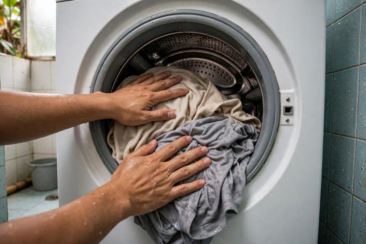 Dàn đều quần áo ướt trong lồng giặt để máy giặt không vắt được hết mất cân bằng
