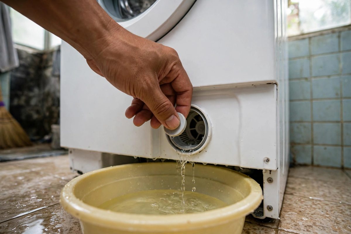 Mở nắp lưới lọc cặn ở chân máy giặt cửa trước để xử lý máy giặt không vắt được