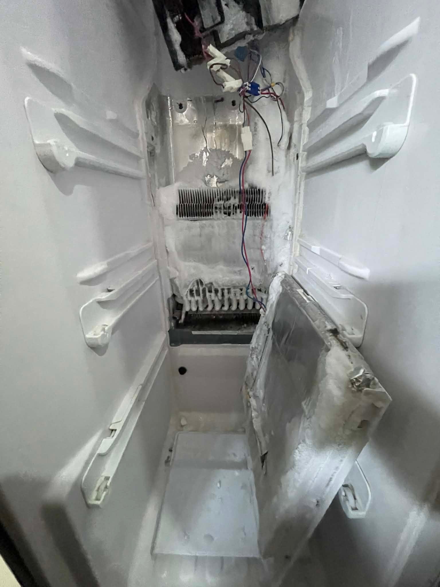 Ngăn đông tủ lạnh đã tháo nắp sau, dàn lạnh bám tuyết và các dây điện lộ ra