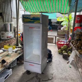 Thợ kiểm tra tủ mát tại tiệm tạp hoá khi sửa tủ mát Điện Máy Xanh đã hết bảo hành