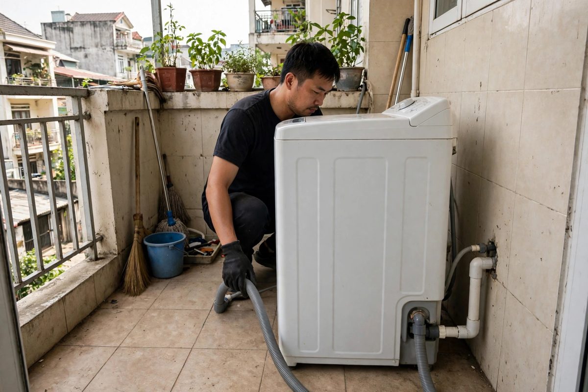 Thợ kiểm tra ống xả máy giặt cửa trên khi máy giặt không vắt được tại nhà